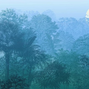KOMAR Vliestapete Deep in the Jungle Tapeten 400x280 cm (Breite x Höhe) Gr. B/L: 400 m x 280 m, Rollen: 1 St., bunt (blau, grün, weiß) Blumentapeten
