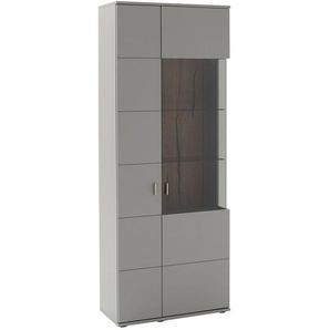 Kombi-Vitrinenschrank SAVANNAH-05 in grau lackiert mit sichtbarer Rückwand in Eiche, b/h/t ca. 80/207/38 cm