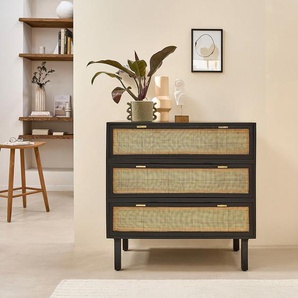 Kommode aus massivem Mangoholz und schwarzem Rohrgeflecht 90 cm