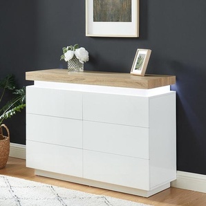Kommode mit 6 Schubladen & LEDs - MDF lackiert - Weiß & Eichefarben - HALO II