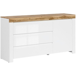 Xxxl Kommode, Weiß, Eiche Wotan, Weiß Hochglanz, Holzwerkstoff, 1 Fächer, 3 Schubladen, 156x83.5x42 cm, Wohnzimmer, Kommoden & Sideboards, Kommoden