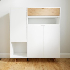 Kommode Weiß - Lowboard: Schubladen in Eiche & Türen in Weiß - Hochwertige Materialien - 115 x 129 x 34 cm, konfigurierbar