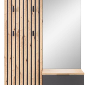 Kompaktgarderobe HBZ Simple mit Spiegel, Flurgarderobe BxHxT 88x195x35 cm, schwarz (anthrazit, anthrazit lamellen artisan), B:88cm H:195cm T:35cm, Holzwerkstoff, Schränke, mit Bank, Paneel, Schuhkommode mit Schubkasten und Spiegel, Topseller