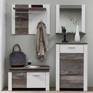 Komplett Garderoben Set in Weiß und Treibholz Optik modern (vierteilig)
