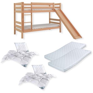 Komplettset Malu – Etagenbett mit Matratzen, Decken und Kissen, mit Rutsche, natur
