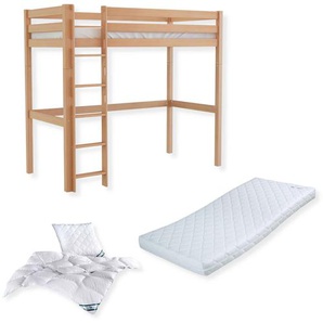 Komplettset Mika – Hochbett inkl. Rollrost mit Matratze, Decke und Kissen, natur