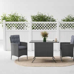 KONIFERA Garten-Essgruppe Korfu, (Set, 5-tlg., 2x Sessel, 1x Tisch 112x65x73,5 cm, inkl. Auflagen, inkl. Schutzhülle), Polyrattan/Stahl, Dunkelgrau
