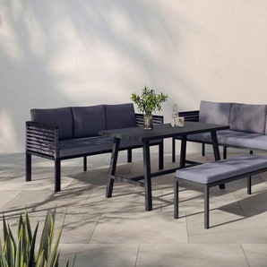 KONIFERA Gartenlounge-Set Ecklounge »Edessa«, (Set, 14-tlg., 2x 3er Sofa, Tisch 70x140x69 cm, 1 Sitzbank, inkl. Auflagen), Armlehne mit Seilgeflecht und Nonwood-Latten