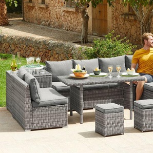 KONIFERA Gartenlounge-Set Kalamos, (Set, 23-tlg., 3er-Sofa, 2x 2er Sofa, Ecksofa, 2x Hocker, 2x Tisch, inkl. Auflagen), Polyrattan, Aluminium, 10 Personen, individuell aufstellbar