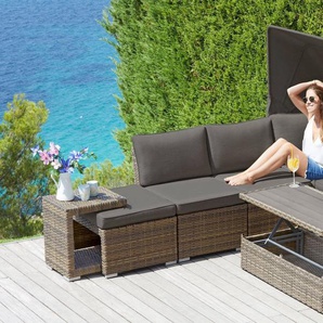 KONIFERA Gartenlounge-Set Hawaii Premium, (Set, 19-tlg., 1x3erSofa, 2xSessel, 1xHocker, 1xBeistelltisch, 1xTisch 111x54x59cm), mit aufklappbarem Dach und zur Sonneninsel umbaubar, Aluminium