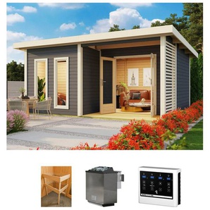 KONIFERA Saunahaus Maiko 5 SET B, BxTxH: 490 x 368 x 231 cm, 38 mm, terragrau, mit Ofen 9 kW Bio ext. Steuerung