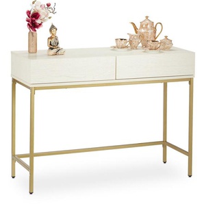 Konsolentisch, 2 Schubladen, Sideboard Flur, Wohnzimmer, Ablagetisch Holzoptik, HxBxT: 80x110x40 cm, weiß/gold - Relaxdays