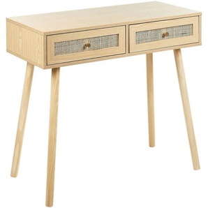 Konsolentisch helles Holz Holzbeine 88 x 40 x 79 cm 2 Rattan Schubladen Flurmöbel Boho Design