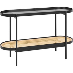 Konsolentisch Schwarz / Hellbraun aus Metall mit Glasplatte Rattan Wiener Geflecht Elegant Modernes Design für Wohnzimmer Schlafzimmer Flur
