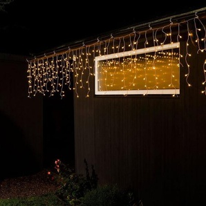KONSTSMIDE LED-Lichtervorhang Weihnachtsdeko aussen, 200-flammig, LED Eisregen mit weißen Globes, 200 bernsteinfarbene Diode