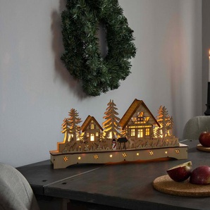 KONSTSMIDE Weihnachtsdorf Weihnachtsdeko, LED Holzsilhouette, Dorf mit Schneemann und Rentier