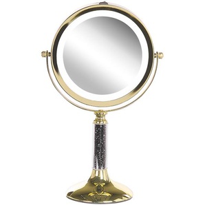 Schminkspiegel Gold Eisen rund doppelseitig drehbar mit LED Licht Ständer 5-fach Vergrößerung Klassisch Kosmetikspiegel Tischspiegel