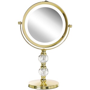 Schminkspiegel Gold Eisen rund doppelseitig drehbar mit LED Licht Ständer 5-fach Vergrößerung Modern Kosmetikspiegel Tischspiegel