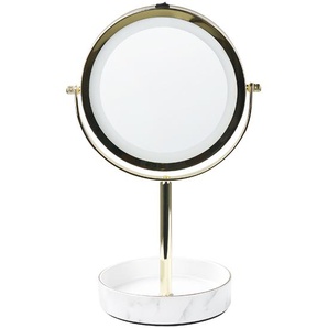 Kosmetikspiegel mit LED-Beleuchtung Gold u. Weiß ø 26 cm aus Eisen u. Keramik Doppelseitig Vergrößerungsspiegel Schminkspiegel Tischspiegel