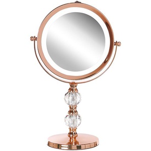 Schminkspiegel Roségold Eisen rund doppelseitig drehbar mit LED Licht Ständer 5-fach Vergrößerung Modern Kosmetikspiegel Tischspiegel