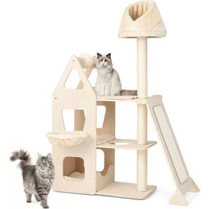 Kratzbaum 155cm Holz, mit drehbarem Kratzball Katzenbaum Groß, Sisalpfosten, Rampe & Korb, Aktivitätsbaum Katzenmöbel, Katzen Spielhaus, Beige