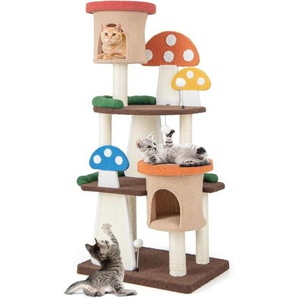 Kratzbaum in Pilzoptik, Katzenbaum mit 2 Katzenhöhlen & Sisal-Kratzbrett & Plattformen & Spielball, Kletterbaum Teddystoff, Katzen Katzenmöbel