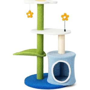 Kratzbaum Klein, Katzenbaum mit blumenförmiger Sitzfläche & 2 niedlichen Bällen & Katzenhöhle & blattförmiger Kletterturm, Katzenkratzbaum Holz,