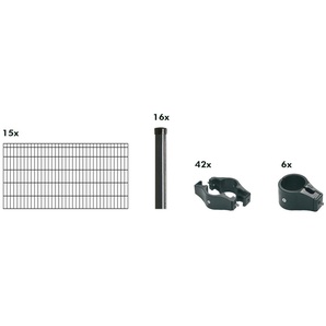KRAUS Doppelstabmattenzaun Dino-Pro DS-Z42 Zaunelemente anthrazit, 100 cm hoch, 15 Elemente für 30 m, 16 Pfosten Gr. H/L: 100 cm x 30 m, grau (anthrazit) Zaunelemente