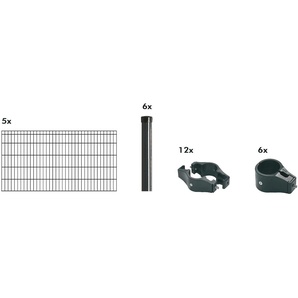 KRAUS Doppelstabmattenzaun Dino-Pro DS-Z42 Zaunelemente anthrazit, 100 cm hoch, 5 Elemente für 10 m, 6 Pfosten Gr. H/L: 100 cm x 10 m, grau (anthrazit) Zaunelemente