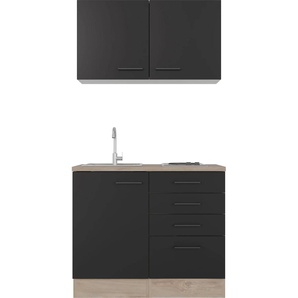 Küche FLEX-WELL Capri Komplettküchen-Sets Gr. B/H/T: 100 cm x 205 cm x 60 cm, Küchenzeile, schwarz (küche: schwarz, endgrain oak, front: korpus: arbeitsplatte: oak) Küchenzeilen mit Elektrogeräte