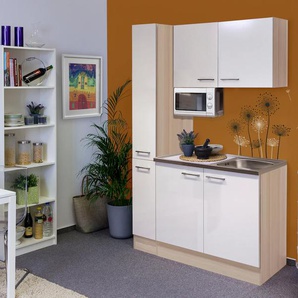 Küche FLEX-WELL Oregon Komplettküchen-Sets Gr. B/H/T: 130 cm x 200 cm x 60 cm, weiß (küche: perlmutt glänzend, akazie, front: korpus: arbeitsplatte:,,) Küchenzeilen mit Elektrogeräte