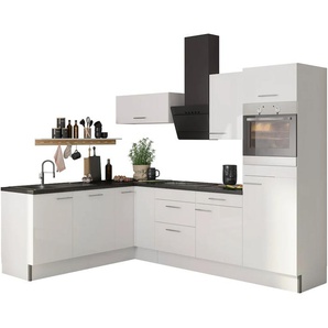 Küche OPTIFIT Klara Komplettküchen-Sets Gr. B/T: 270 cm x 60 cm, mit E-Geräten, weiß (küche: lackiert, weiß, front: korpus: arbeitsplatte: black stone) Küchenzeilen mit Elektrogeräte