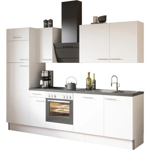 Küche OPTIFIT Klara Komplettküchen-Sets Gr. B/T: 270 cm x 60 cm, mit E-Geräten, weiß (küche: weiß, front: korpus: arbeitsplatte: black stone) Küchenzeilen mit Elektrogeräte
