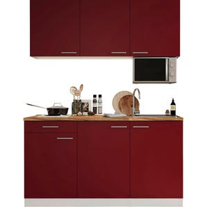 Küche RESPEKTA Luis, mit Duo Kochfeld, wahlweise Mikrowelle, Korpus Weiß Komplettküchen-Sets Gr. B/H/T: 150 cm x 200 cm x 60 cm, Küchenzeile, mit Mikrowelle, rot (küche: front: rot, korpus: weiß, arbeitsplatte butcher nussbaum, arbeitsplatte: nussbaum)