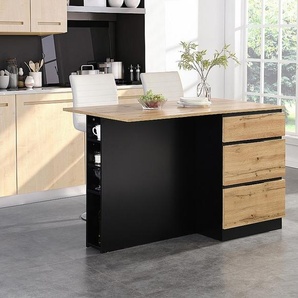 Kücheninsel mit 6 Schubladen & 4 Ablagefächern aus MDF - Holzfarben hell & Schwarz - POMARELA