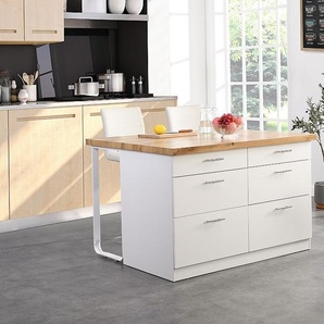 Kücheninsel mit 6 Schubladen aus MDF & Metall - Weiß & Holzfarben hell - ALEGRITA