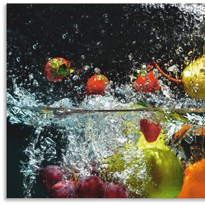 Küchenrückwand ARTLAND Spritzendes Obst auf dem Wasser Spritzschutzwände Gr. B/H: 120 cmx60 cm, bunt Küchendekoration Spritzschutzwände Alu Spritzschutz mit Klebeband, einfache Montage