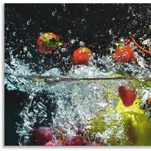 Küchenrückwand ARTLAND Spritzendes Obst auf dem Wasser Spritzschutzwände Gr. B/H: 130 cmx55 cm, bunt Küchendekoration Spritzschutzwände Alu Spritzschutz mit Klebeband, einfache Montage