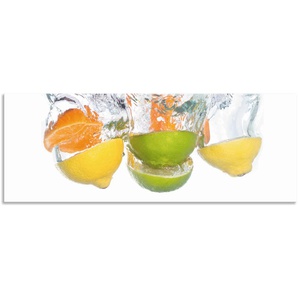 Küchenrückwand ARTLAND Zitrusfrüchte fallen in klares Wasser Spritzschutzwände Gr. B/H: 150 cm x 55 cm, bunt Küchendekoration Alu Spritzschutz mit Klebeband, einfache Montage