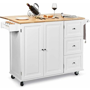 Küchenwagen rollbar, Kücheninsel mit Handtuchhalter, aus Holz, Servierwagen, Mikrowellenwagen 135x76x91cm Weiss - Costway