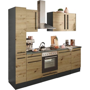 Küchenzeile BASIC BY BALCULINA Jazz, beige (front: artisan eichefarben, korpus: anthrazit, arbeitsplatte: metallic graubraun), B:250cm H:211cm T:60cm, Komplettküchen-Sets, Breite 250 cm, wahlweise mit E-Geräten, Topseller