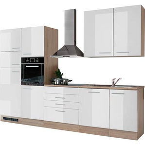 Küchenzeile BASIC BY BALCULINA Laurel Komplettküchen-Sets Gr. B/T: 310 cm x 60 cm, weiß (küche: hochglanz weiß, eiche sonoma,, korpus: sonoma, arbeitsplatte: sonoma) Küchenzeile Küchenzeilen ohne Elektrogeräte E-Geräte, Breite 310 cm