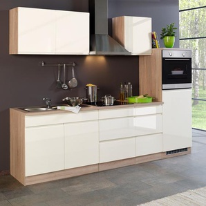 Küchenzeile Cardiff I 270 x 200 x 60cm Beige/Hochglanz Creme/Eiche Sonoma Dekor mit Elektrogeräten