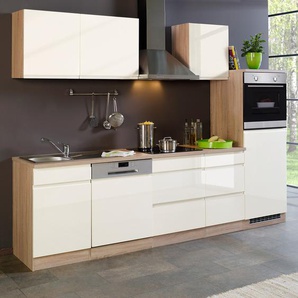 Küchenzeile Cardiff II 280 x 200 x 60cm Beige/Hochglanz Creme/Eiche Sonoma Dekor mit Elektrogeräten