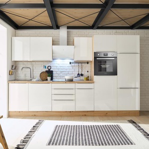 Küchenzeile I 340cm Weiß/Hochglanz Weiß/Eiche Artisan Dekor