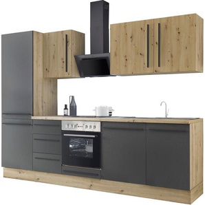 Küchenzeile KOCHSTATION KS-Florida mit 38mm starker Arbeitsplatte, schwarz (front: schwarz, korpus: artisan eichefarben, arbeitsplatte: artisan eichefarben), B:280cm T:60cm, Komplettküchen-Sets, Breite 280 cm, wahlweise mit E-Geräten, Soft-Close-Funktion,