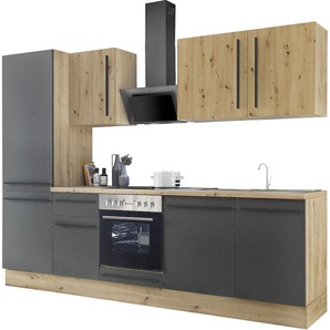 Küchenzeile KOCHSTATION KS-Florida mit 38mm starker Arbeitsplatte, schwarz (front: schwarz, korpus: artisan eichefarben, arbeitsplatte: artisan eichefarben), B:280cm T:60cm, Komplettküchen-Sets, Breite 280 cm, wahlweise mit E-Geräten, Soft-Close-Funktion,