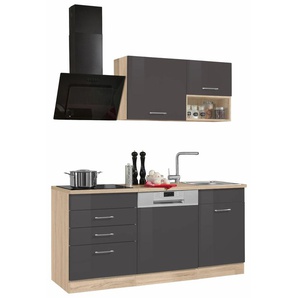 Küchenzeile KOCHSTATION KS-Haiti, grau (front: grau hochglanz, korpus: eichefarben, arbeitsplatte: eichefarben), B:170cm T:60cm, Komplettküchen-Sets, mit E-Geräten, Breite 170 cm, Topseller