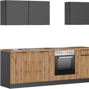 Küchenzeile KOCHSTATION KS-Lagos2, Breite 240 cm, grau (front: grau matt, wotaneichefarben, korpus: grau matt, arbeitsplatte: wotaneichefarben), B:240cm H:200cm T:60cm, Komplettküchen-Sets, Küchenzeile, wahlweise mit E-Geräten, mit 38mm starker