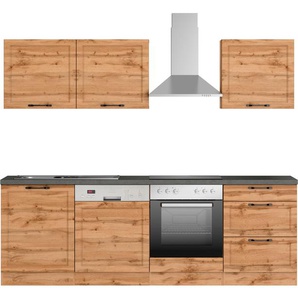 Küchenzeile KOCHSTATION KS-Lani, mit MDF-Fronten, front: wotaneichefarben, korpus: wotaneiche, arbeitsplatte: betongrau, B:240cm T:60cm, Komplettküchen-Sets, Küchenzeile, Breite 240 cm, wahlweise mit E-Geräten, Höhen-Ausgleichsfüße 0-4 cm